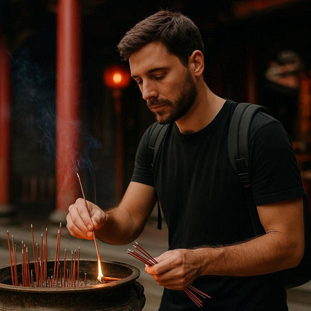 Handsome man lighting incense in chinese temple, close up