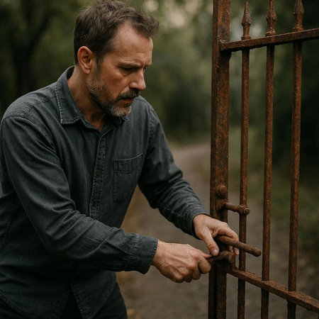 Portrait of a mature man with a beard and mustache in a denim shirt standing near a rusty iron gate.