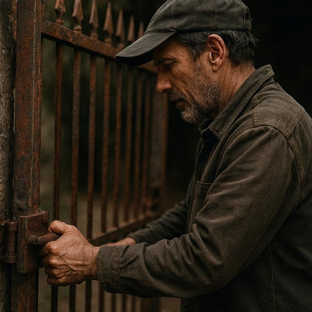 Portrait of an elderly man in a baseball cap, leaning on a rusty fence.