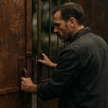 Portrait of a man in a black jacket on a background of rusty iron door