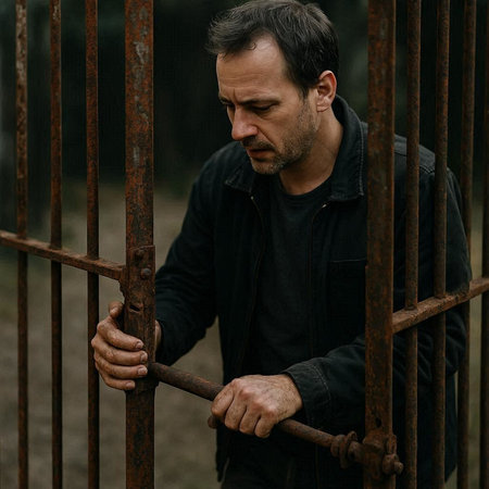 Portrait of a sad man in a black jacket standing in a cage.