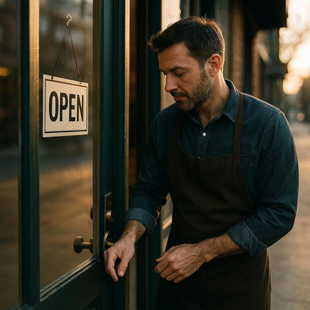 Portrait of a handsome bearded man in apron holding open door sign.