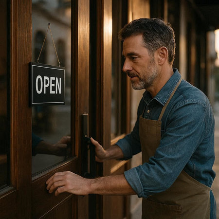 Handsome mature man in apron opening the door with open sign.