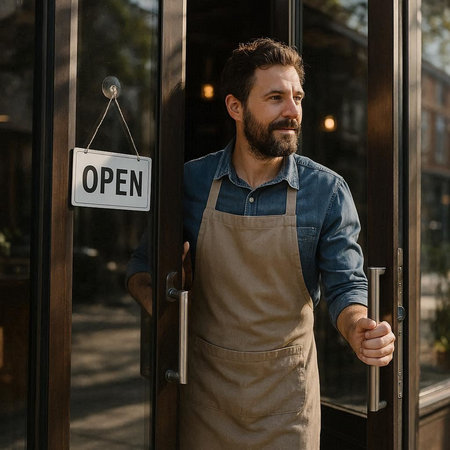 Portrait of a handsome barista wearing apron holding open signboard