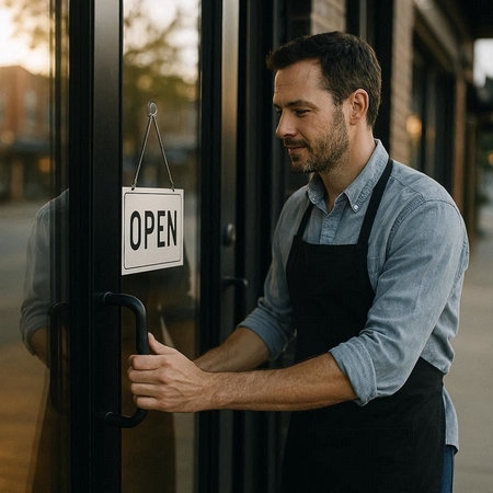 Handsome young man in apron opening door with open sign