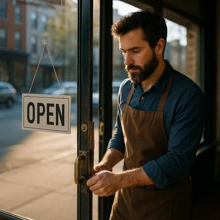 Handsome bearded man in apron opening door with open sign