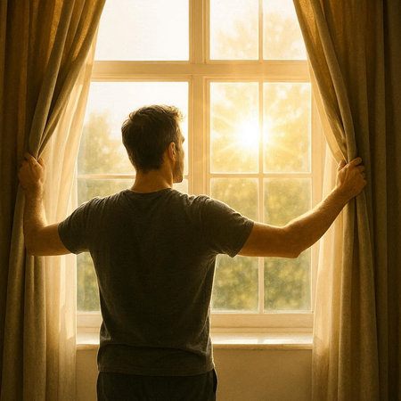 Man opening curtains in the morning, back view. Rear view.の写真素材