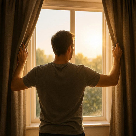 Back view of a young man opening the curtains in the morning.
