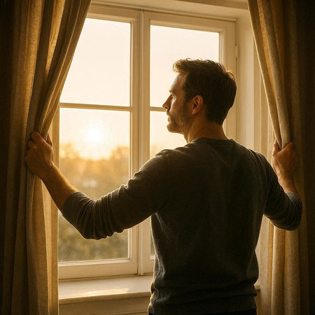 Man looking out the window at sunset. Man looking out the window