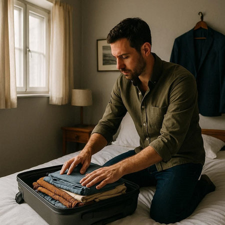 Handsome caucasian man packing clothes into suitcase in hotel room