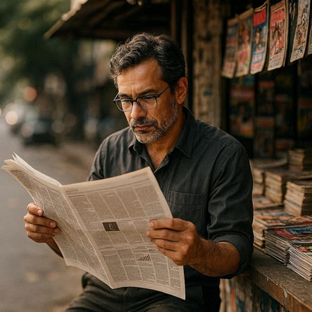 Portrait of a mature man reading a newspaper in the street.