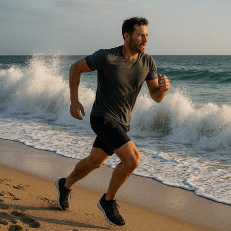 Athletic man running on the beach in the morning.