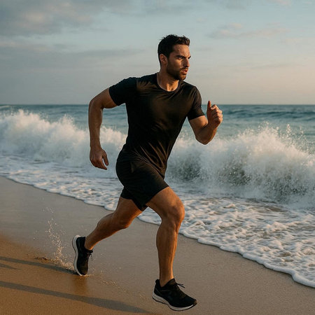 Handsome young man running on the beach. Healthy lifestyle.の写真素材