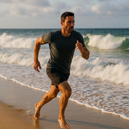 Athletic man running on the beach in the morning.