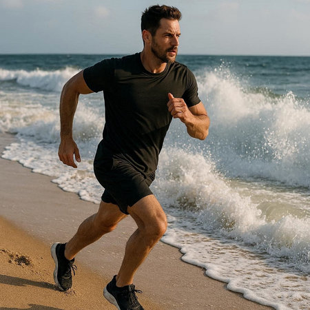Athletic man running on the beach in the morning.
