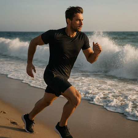 Full length portrait of a handsome young man running on the beach at sunset
