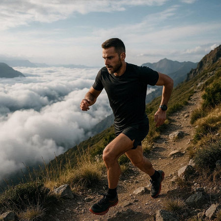 Athletic man running on mountain trail in the clouds.
