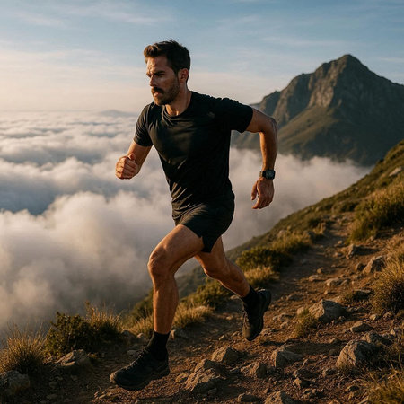 Athletic man running on mountain trail in the morning.