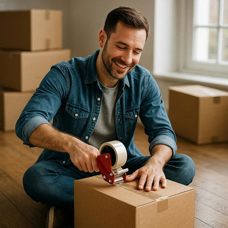Smiling man packing cardboard box in new home. Young man unpacking boxes.