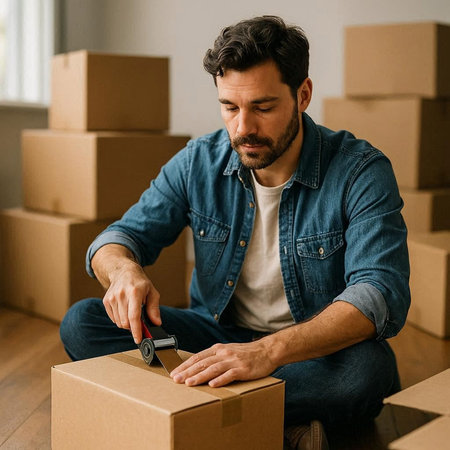 handsome man packing boxes in new home, moving day and relocation concept