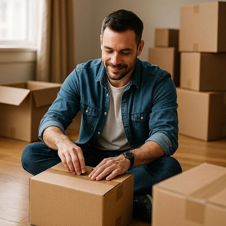 Smiling young man unpacking cardboard box in new home, moving in concept