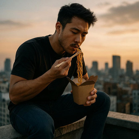 Young Asian man eating chinese noodle in the city at sunset