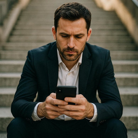 handsome bearded businessman using smartphone while sitting on stairs in city street
