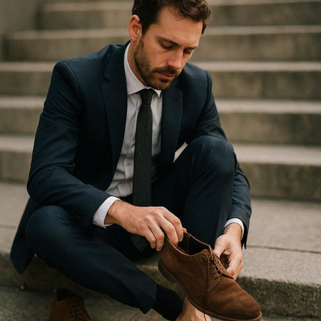 handsome businessman in suit tying shoelaces on brown leather shoes