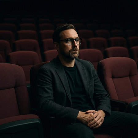 Portrait of a handsome man in glasses sitting in the cinema.