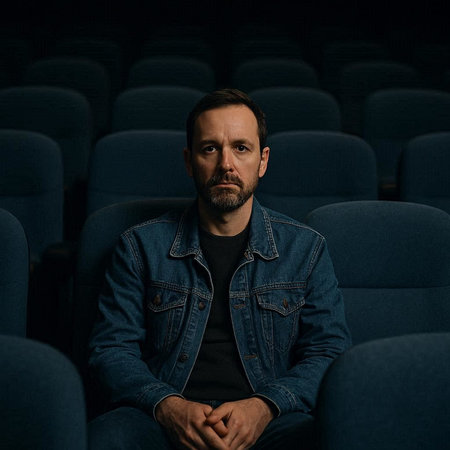 Portrait of a middle-aged man in a denim jacket sitting in the cinema