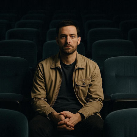 Portrait of a serious young man sitting in the cinema hall.