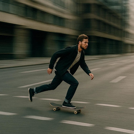 skateboarder riding on longboard in city, motion blur