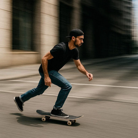 skateboarder riding on longboard in motion on city streetの写真素材