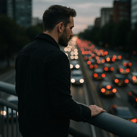 Handsome man in a black jacket is standing on the bridge and looking at the city.の写真素材