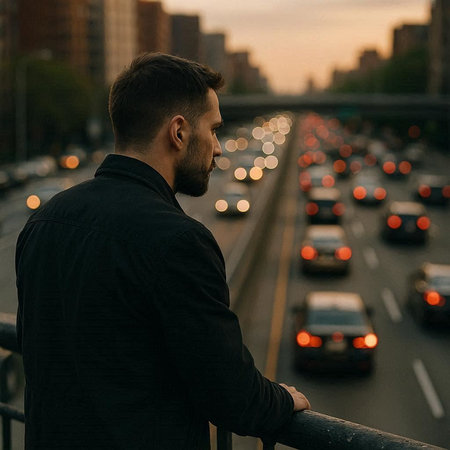 Handsome young man on the bridge at sunset in New York Cityの写真素材