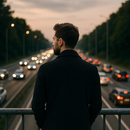 Back view of a young man standing on a bridge in the evening.の写真素材