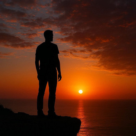 Silhouette of a man standing on the edge of a cliff at sunsetの写真素材