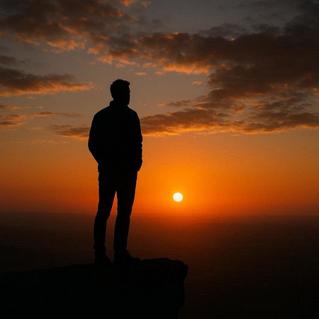 Silhouette of a man standing on top of a mountain at sunset