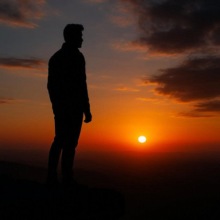 Silhouette of a man on the top of the mountain.