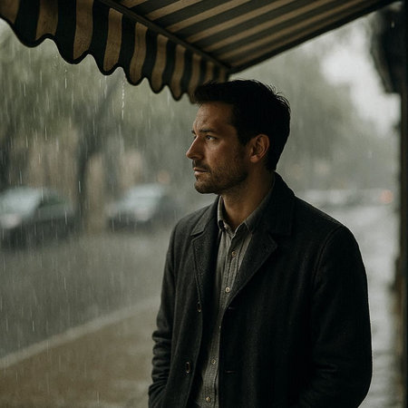 Portrait of a handsome young man in a raincoat in the rainの写真素材