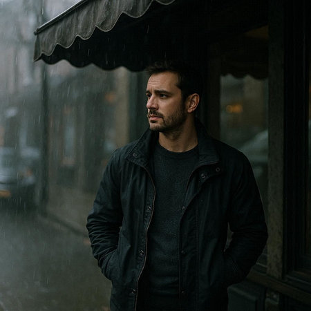 Portrait of a handsome man with a beard in a black jacket in the rain