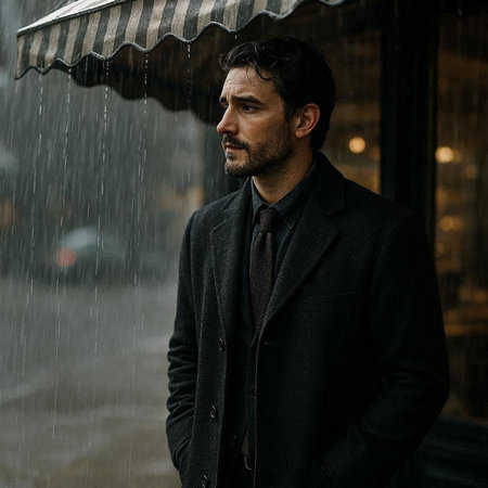 Handsome Italian dark-haired man in a coat on a rainy day in the city.の写真素材
