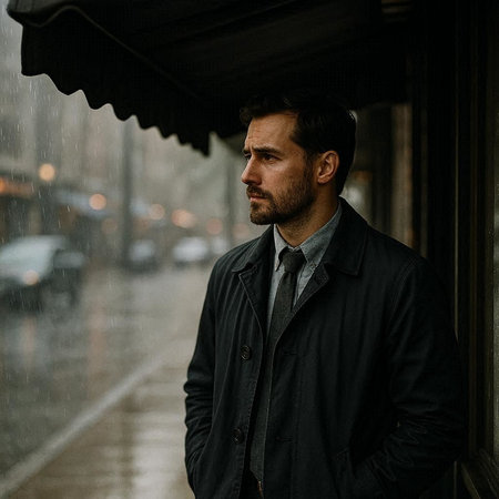 Portrait of a handsome man in a raincoat standing on the street.の写真素材