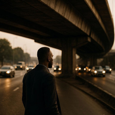 Back view of a man standing under a bridge in the evening.