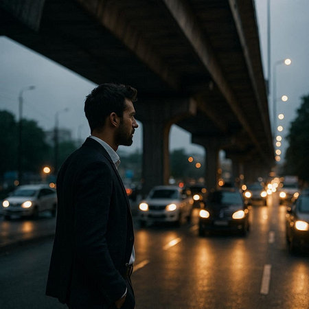 Businessman walking under the bridge in the evening. Business concept.の写真素材