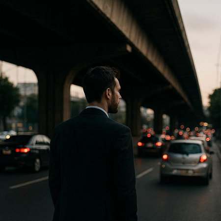 Businessman in a suit standing on the street under the bridge and looking at the traffic