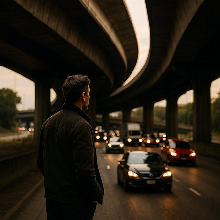A man in a black jacket is looking at the road under the bridge.