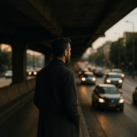 Back view of a young businessman standing under a bridge in the evening
