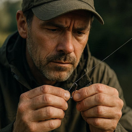 Fisherman holding fishing rod in his hands. Close-up portrait.