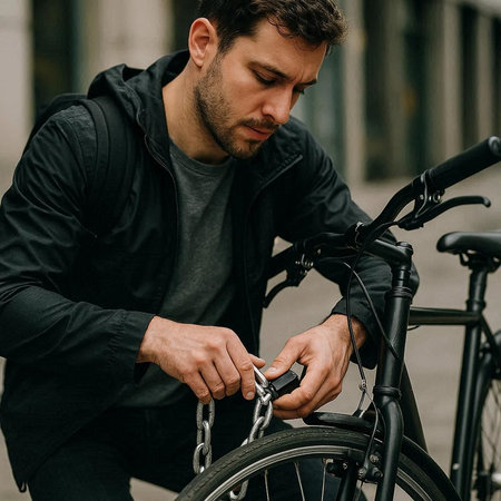 young man in black jacket and jeans fixing his bicycle on the street
